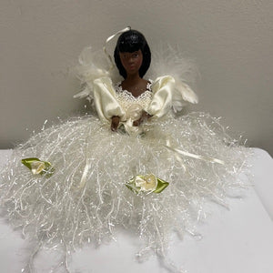 Angel Christmas Ornament Ceramic Head Fringe Body Dark Complexion