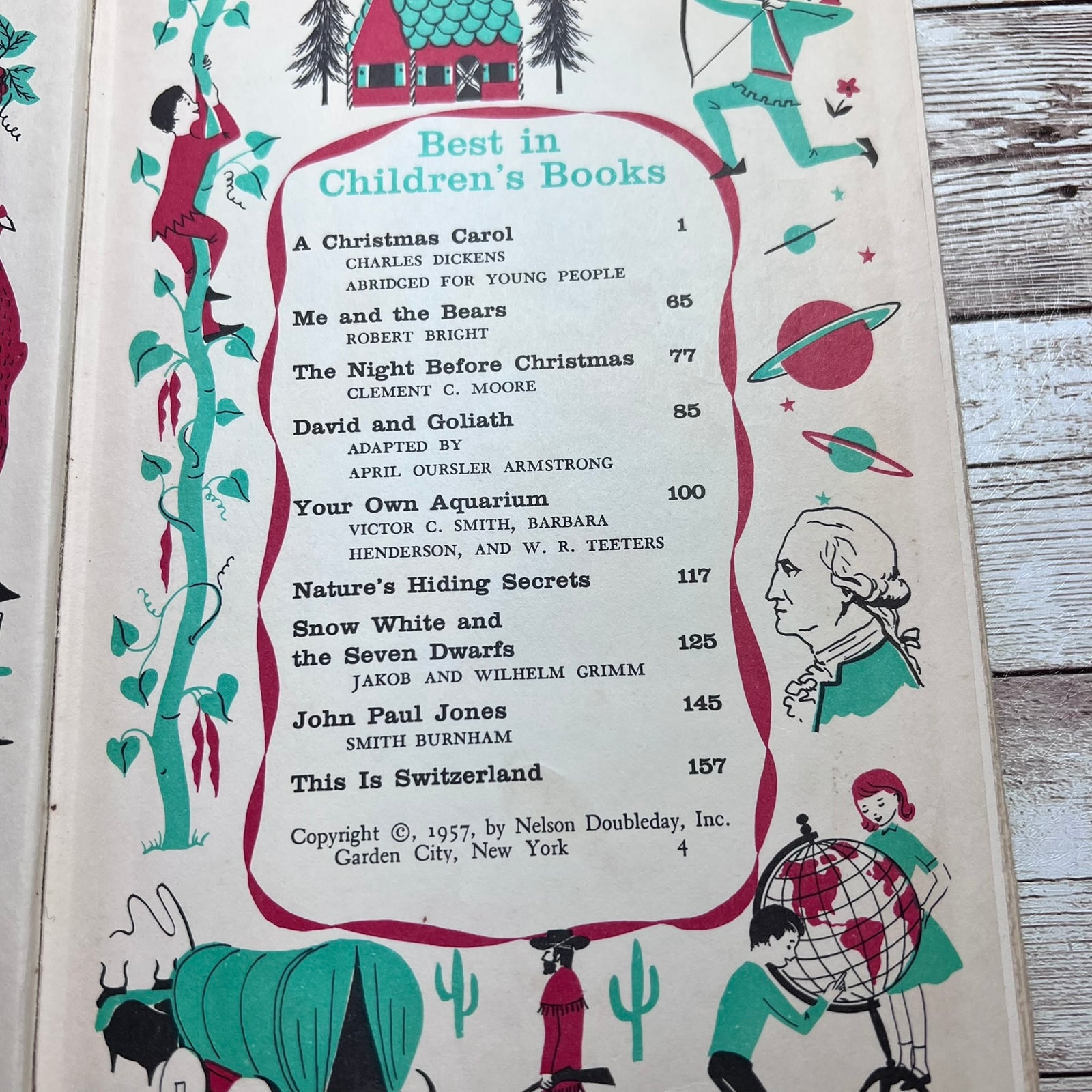A printed children's book or booklet page titled "Best in Children's Books" with a list of book titles, page numbers, and publisher information, surrounded by whimsical illustrated figures and objects in teal, red, black, and cream.