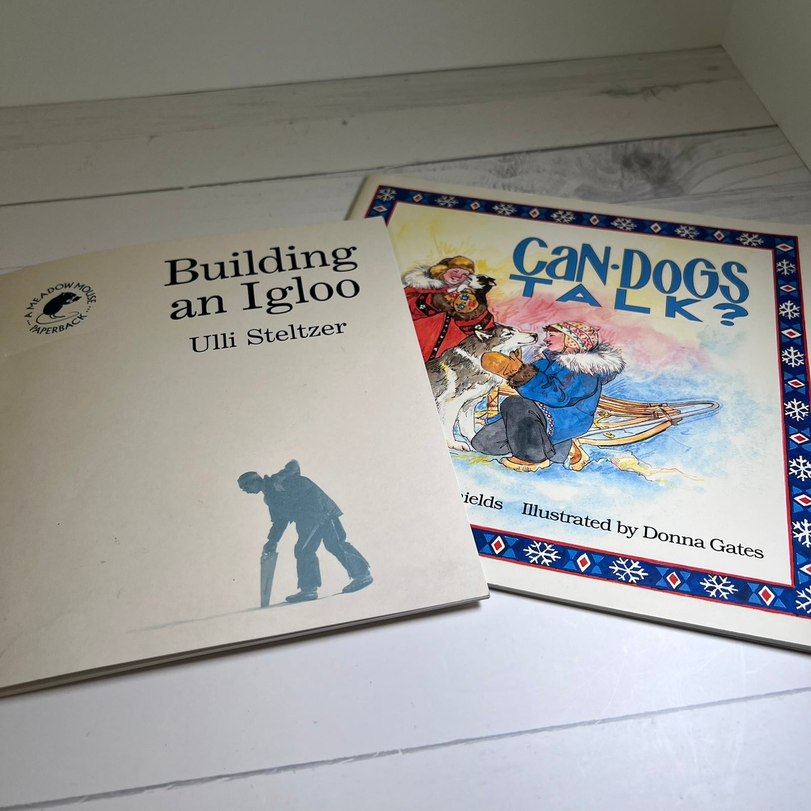 Two children's books lying on a white wooden surface: 'Building an Igloo' by Ulli Steltzer on the left, and 'Can Dogs Talk?' illustrated by Donna Gates on the right.