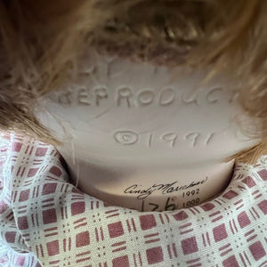 Cindy Marschner Porcelain Doll Seated Boy Doll with Straw Hat 17 inch