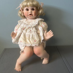 Cindy Marschner Porcelain Doll Seated Doll With Wicker Chair 17 inch