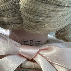 Cindy Marschner Porcelain Doll Seated Doll With Wicker Chair 17 inch