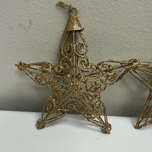 Gold Glitter 3-D Star Metal Christmas Ornament Set of 2
