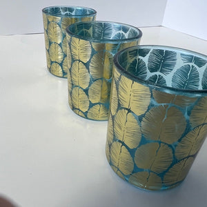 Blue Votive Candle Holder Gold Embossed Leaf Pattern Set of 3