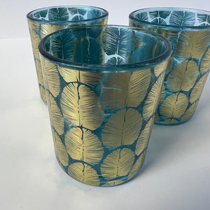 Blue Votive Candle Holder Gold Embossed Leaf Pattern Set of 3