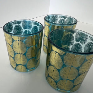 Blue Votive Candle Holder Gold Embossed Leaf Pattern Set of 3