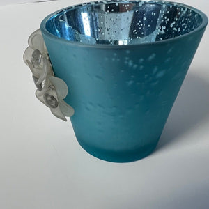 Hobby Lobby Tea Light Candle Holder Blue with 3D White Flower Bead Accent