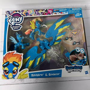 My Little Pony toy set packaging with 'Spitfire' and 'Soarin'' on a white background