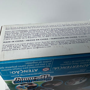 Close-up of a toy box with text and branding on a white background