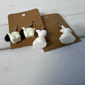 Resin Easter Earring Set Bunny Sheep 2 Pair Farmhouse