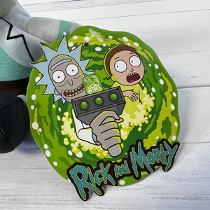 Rick and Morty character design on a green leaf-shaped card with 'Rick and Morty' text.