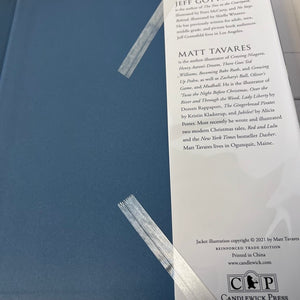 Book jacket with text and a blue background