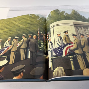 Illustrated book open to a page showing a military ceremony with flags and a monument.