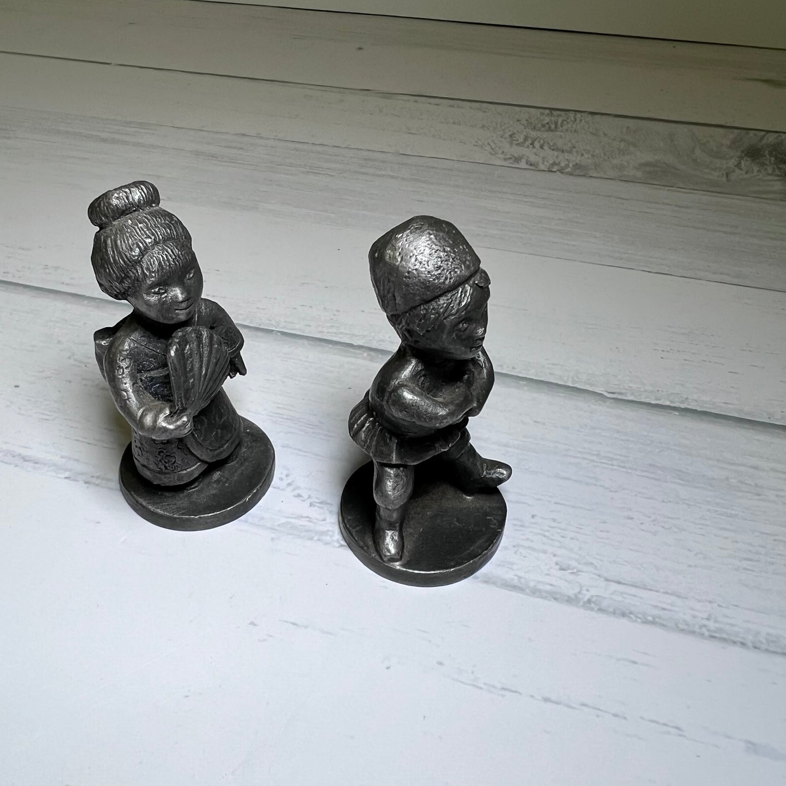 Vintage 1976 Gateway Home Decorators Pewter Japanese Boy Girl Figurines Pair