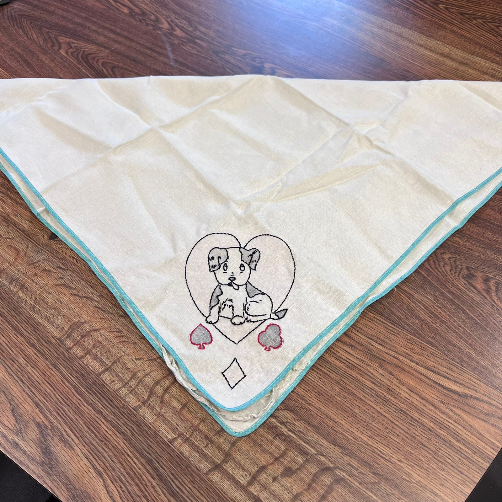 Vintage Hand Embroidered Linen Bridge Cloth Card Table Cover Puppy Motif 31x31