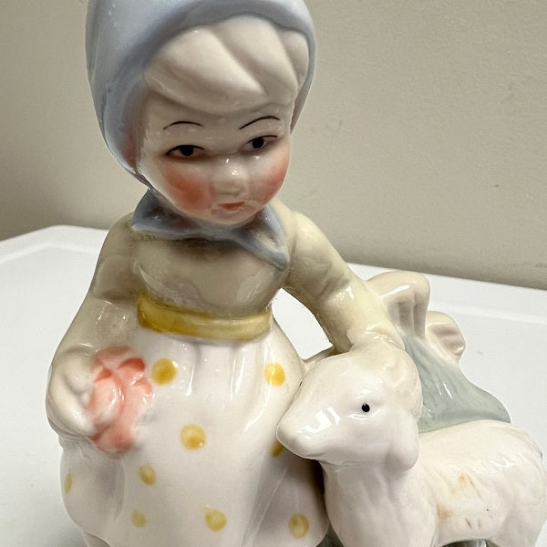 Vintage Mary Had A Little Lamb Figurine 6in Blue and White