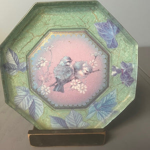 Vintage Octagonal Decoupage Bird Plate Collectible 8.5 inch