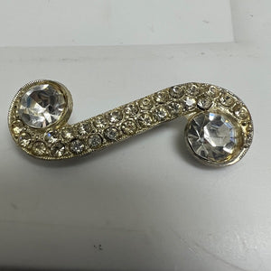 Vintage Silver Toned Music Note S Shape Brooch Clear Rhinestones