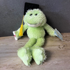Green plush frog with a graduation cap and tassel on a wooden surface.