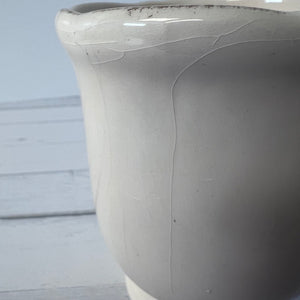 Close-up of a gray ceramic planter on a wooden surface