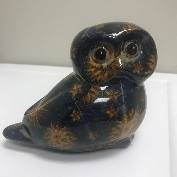 Ceramic Dark Blue Owl Figurine Sun Moon Star Painted Ceramic