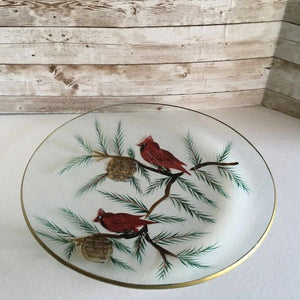 Clear Glass 13" Serving Platter Hand Painted Cardinals Bird Design