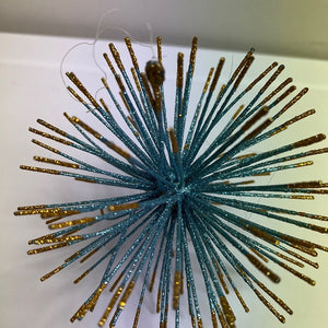 Crate and Barrel 6 inch Starburst Ornament Sparkling Blue and Gold