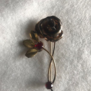 Dorsons Gold Filled Pin Rose Flower With Red Rhinestones Signed Brooch