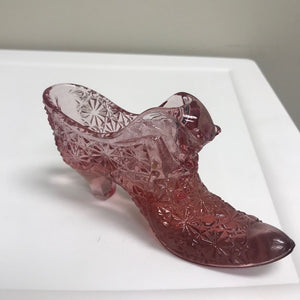 Fenton Iridescent Pink Glass Daisy and Button Cat Head Slipper Shoe