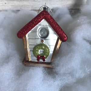 Glass Birdhouse Christmas Ornament With Wreath