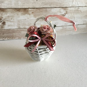 Miniature White Wicker Basket With Flowers Ornament
