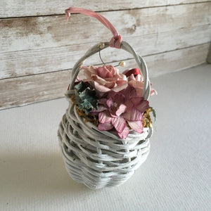 Miniature White Wicker Basket With Flowers Ornament