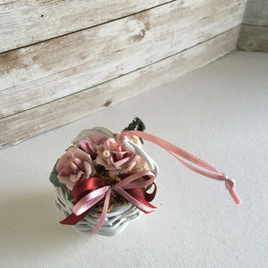 Miniature White Wicker Basket With Flowers Ornament
