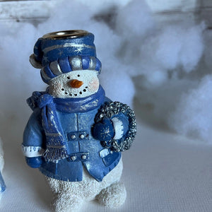 Snowman Family Candle Holders Christmas Blue and White Decoration