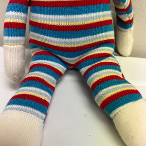 Sock Monkey 12 inch Knitted Plush by Aurora. Colorful Red Yellow Blue White