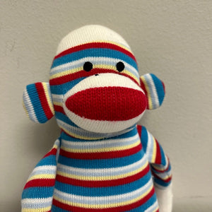 Sock Monkey 12 inch Knitted Plush by Aurora. Colorful Red Yellow Blue White