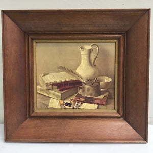 Still Life Framed Art Print Feather Pen Books Vase Scene Signed