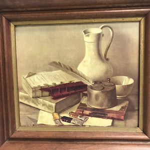 Still Life Framed Art Print Feather Pen Books Vase Scene Signed