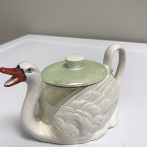 Vintage Czechoslovakia Green Lustre-Ware Ceramic Swan Teapot