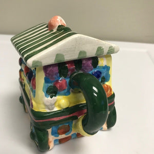 Vintage Porcelain Garden Cart Teapot Houston Foods Colorful Tea Pot