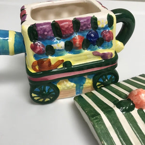 Vintage Porcelain Garden Cart Teapot Houston Foods Colorful Tea Pot