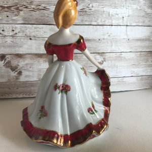 Vintage Porcelain Victorian Woman Figurine White Red Dress Gold Trim