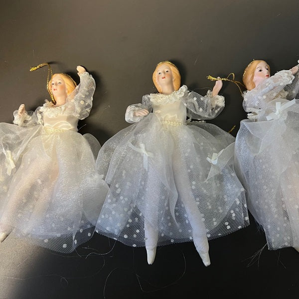 Vintage Ballerina Doll Hanging Ornaments – Porcelain & Fabric, White Tutu (Set of 3)