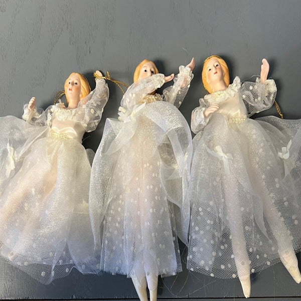 Vintage Ballerina Doll Hanging Ornaments – Porcelain & Fabric, White Tutu (Set of 3)