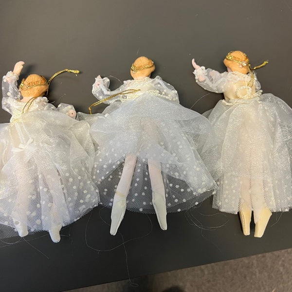 Vintage Ballerina Doll Hanging Ornaments – Porcelain & Fabric, White Tutu (Set of 3)