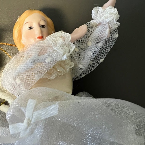 Ballerina Doll Ornament Porcelain Head Fabric Body White Tutu 7in