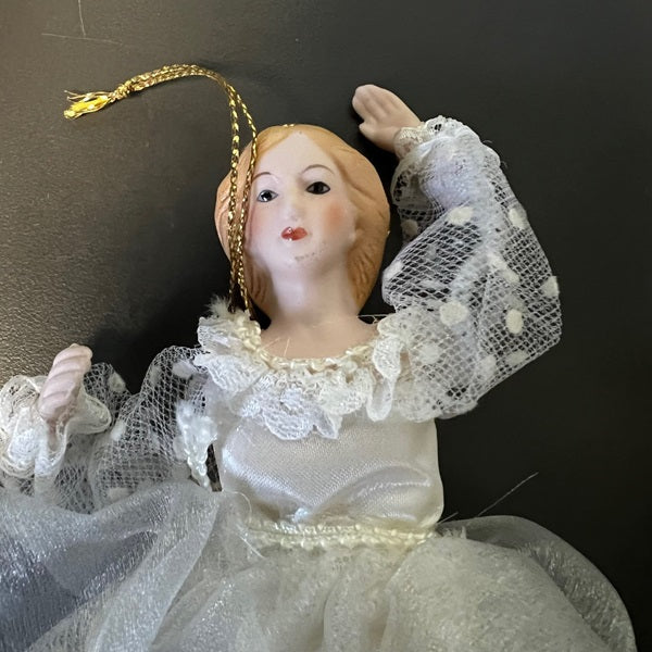 Vintage Ballerina Doll Hanging Ornaments – Porcelain & Fabric, White Tutu (Set of 3)