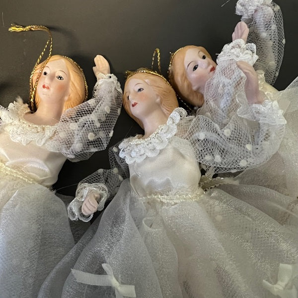 Vintage Ballerina Doll Hanging Ornaments – Porcelain & Fabric, White Tutu (Set of 3)