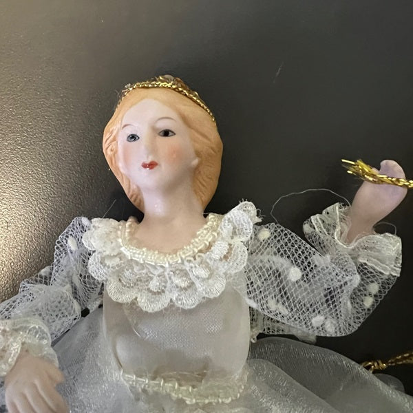 Ballerina Doll Ornament Porcelain Head Fabric Body White Tutu 7in