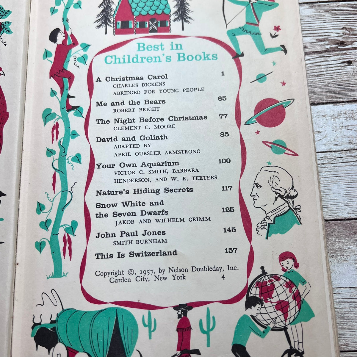 A printed children's book or booklet page titled "Best in Children's Books" with a list of book titles, page numbers, and publisher information, surrounded by whimsical illustrated figures and objects in teal, red, black, and cream.